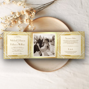 Invitation Trois Volets Mariage photo Art Déco vintage ivoire et or