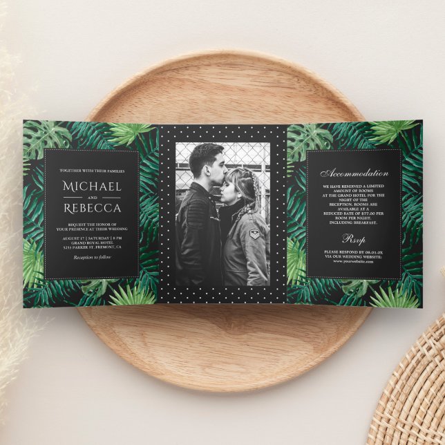 Invitation Trois Volets Mariage photo avec feuillage vert et gris foncé (Créateur téléchargé)