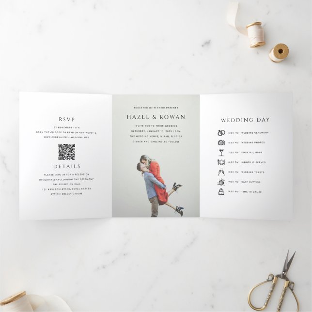 Invitation Trois Volets Mariage photo avec QR code moderne simple (Intérieur)