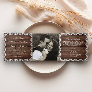 Invitation Trois Volets Mariage Photo Bois de Grange Rustique Dentelle Coq