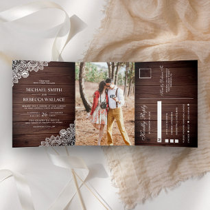 Invitation Trois Volets Mariage Photo Bois Grange Dentelle Rustique
