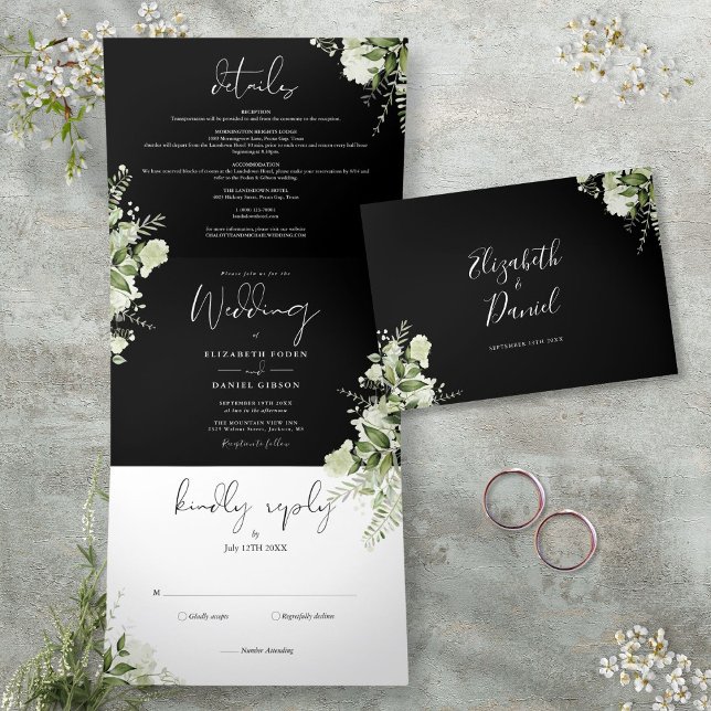 Invitation Trois Volets Mariage Photo Botanique Noir Et Blanc (Black And White Botanical Greenery Photo Wedding Tri-Fold Invitation)