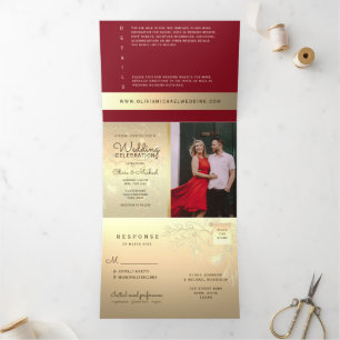 Invitation Trois Volets Mariage photo Bourgogne et or