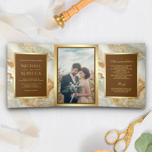 Invitation Trois Volets Mariage photo Brown Gold Marble Faux Gold Foil