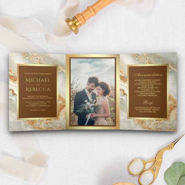 Invitation Trois Volets Mariage photo Brown Gold Marble Faux Gold Foil (Créateur téléchargé)