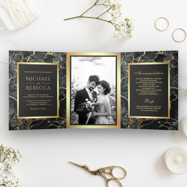 Invitation Trois Volets Mariage photo Charcoal Grey Marble Faux Gold Foil (Créateur téléchargé)