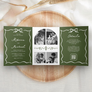 Invitation Trois Volets Mariage Photo Code QR Ruban Blanc Vert Olive