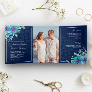Invitation Trois Volets Mariage photo de couleur d'eau bleu de minuit