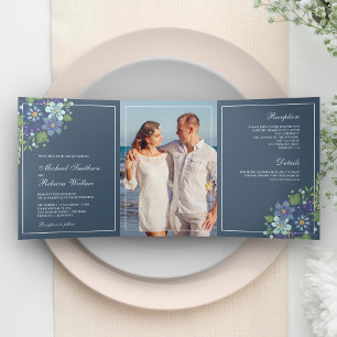 Invitation Trois Volets Mariage photo de couleur florale bleu rustique Dus