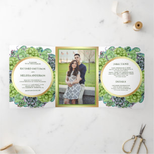 Invitation Trois Volets Mariage photo de couronnes succulentes vert botani