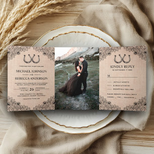 Invitation Trois Volets Mariage Photo de Fleurs de Toile de Jute Fer à Che