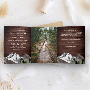Invitation Trois Volets Mariage Photo de forêt de montagne en bois rustiqu