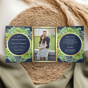Invitation Trois Volets Mariage photo de la couronne de succulents bleu de