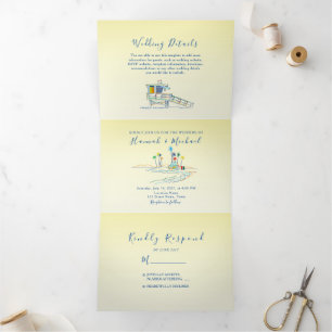 Invitation Trois Volets Mariage Photo de Plage Rétro