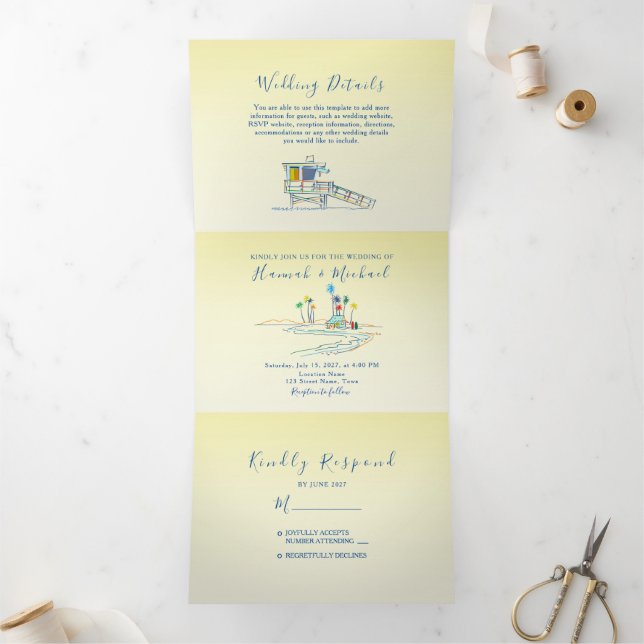 Invitation Trois Volets Mariage Photo de Plage Rétro (Intérieur)