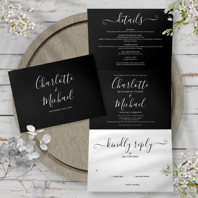 Invitation Trois Volets Mariage photo de script noir et blanc élégant (Black And White Elegant Script Photo Wedding Tri-Fold Invitation)