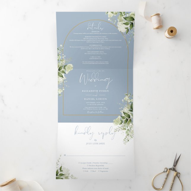 Invitation Trois Volets Mariage photo Dusty Blue Greenery Gold Arch (Intérieur)