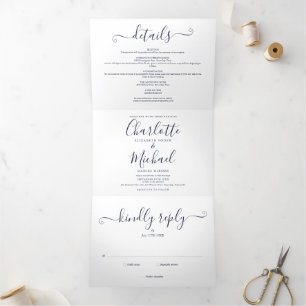 Invitation Trois Volets Mariage photo élégant Navy Blue Script