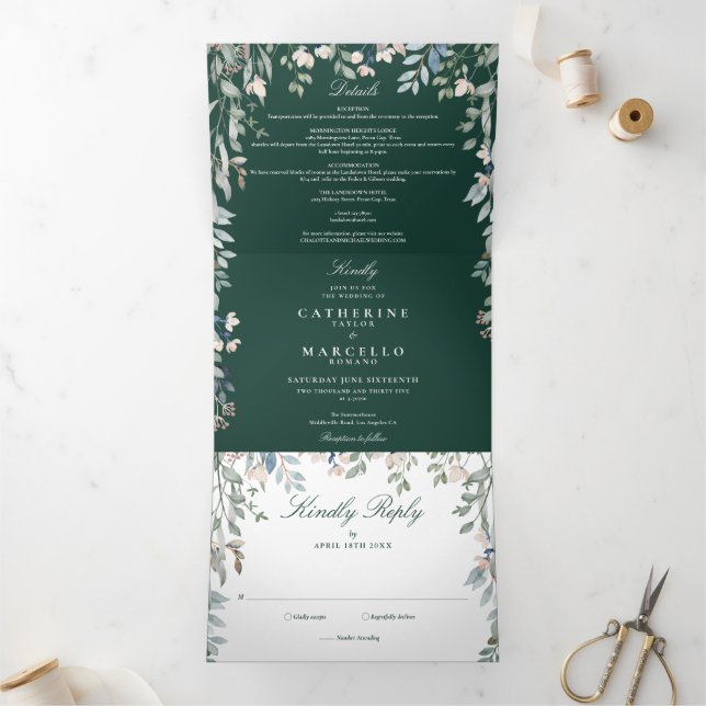 Invitation Trois Volets Mariage photo Emerald Green Floral Fleur sauvage (Intérieur)