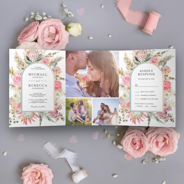 Invitation Trois Volets Mariage photo en laiton rose vif Boho Pampas (Créateur téléchargé)