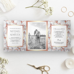 Invitation Trois Volets Mariage photo en marbre blanc et or rose