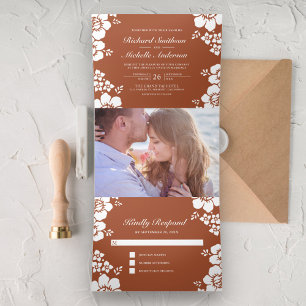 Invitation Trois Volets Mariage photo en terre cuite de fleurs blanches