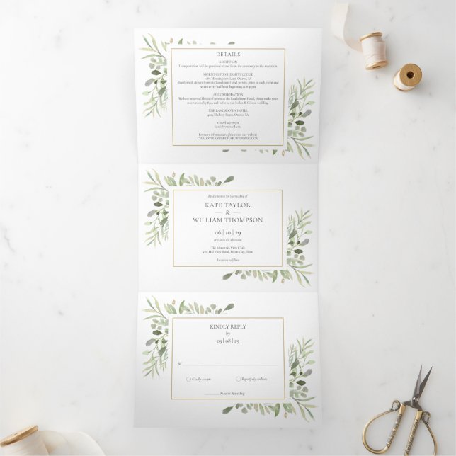 Invitation Trois Volets Mariage Photo Feuillage de Verdure Botanique (Intérieur)