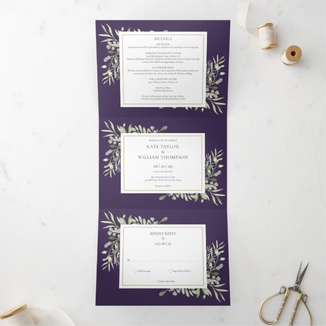 Invitation Trois Volets Mariage photo Feuille de Purple Botanical Greenery (Intérieur)