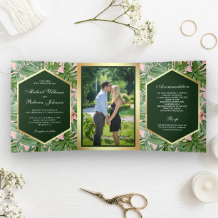 Invitation Trois Volets Mariage photo Feuille Faux Gold Foil Tropical Palm