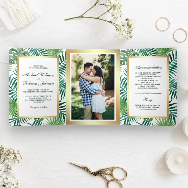 Invitation Trois Volets Mariage photo Feuille Faux Gold Foil Tropical Palm (Créateur téléchargé)