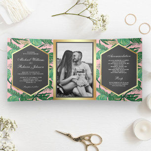 Invitation Trois Volets Mariage photo Feuille Faux Gold Foil Tropical Palm