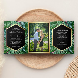 Invitation Trois Volets Mariage photo Feuille Faux Gold Foil Tropical Palm