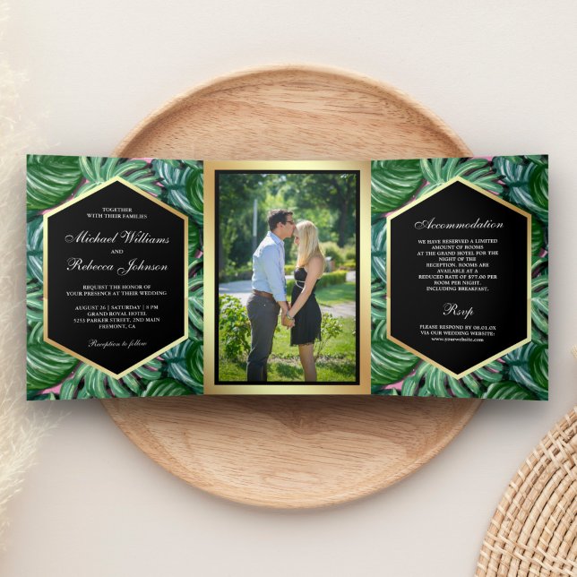 Invitation Trois Volets Mariage photo Feuille Faux Gold Foil Tropical Palm (Créateur téléchargé)