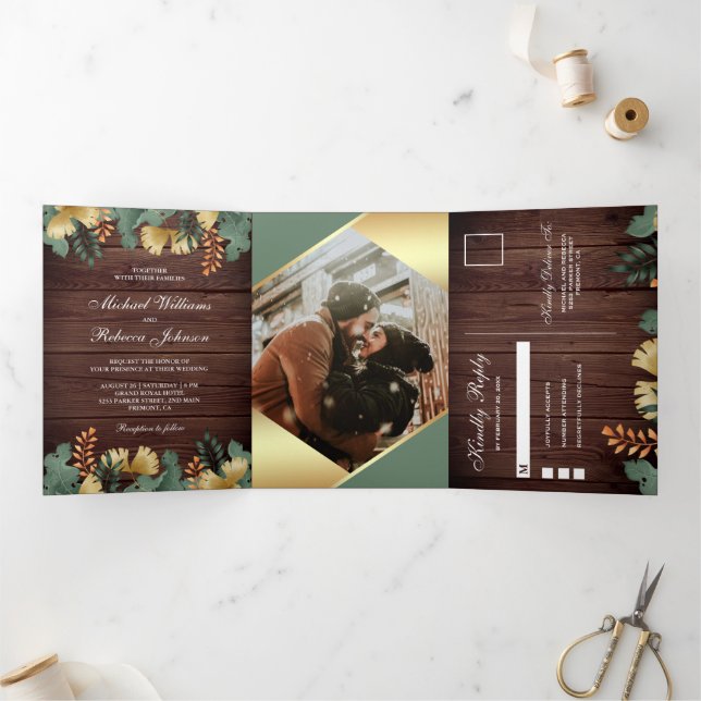 Invitation Trois Volets Mariage photo Feuille géométrique Gold Foil (Intérieur)