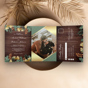 Invitation Trois Volets Mariage photo Feuille géométrique Gold Foil