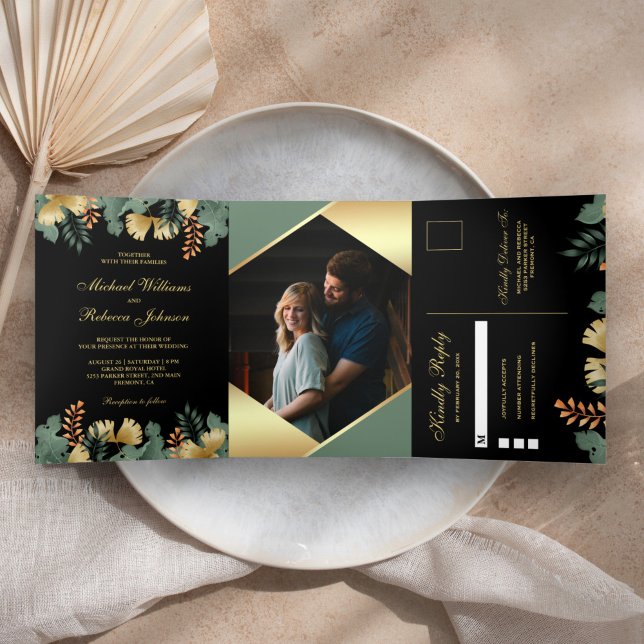 Invitation Trois Volets Mariage photo Feuille géométrique Gold Foil (Créateur téléchargé)