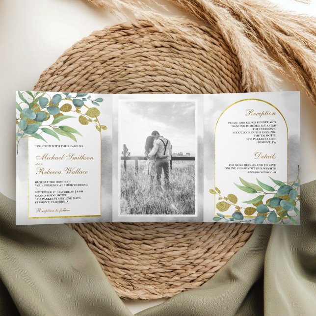 Invitation Trois Volets Mariage Photo Feuilles d'Eucalyptus Rustique Arche (Créateur téléchargé)