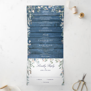 Invitation Trois Volets Mariage photo Fleur sauvage Blue Rustic Wood