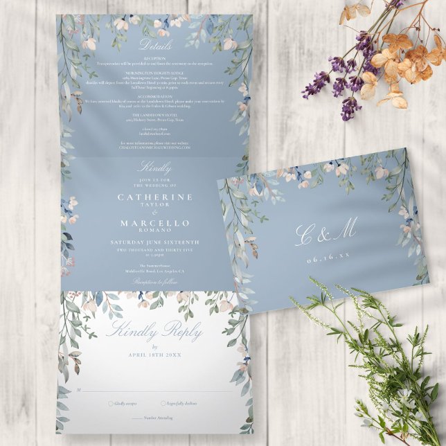 Invitation Trois Volets Mariage photo Fleur sauvage Dusty Blue Floral (Créateur téléchargé)
