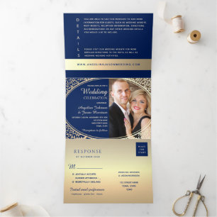 Invitation Trois Volets Mariage Photo Floral Bleu Nuit Or Luxe