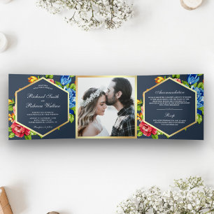Invitation Trois Volets Mariage photo floral moderne et géométrique