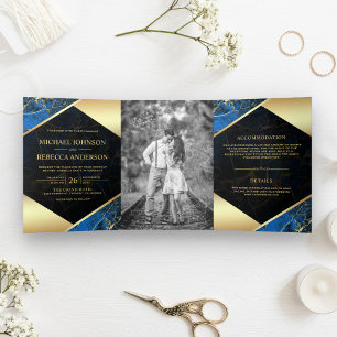 Invitation Trois Volets Mariage photo Gold Géométrique Royal Blue Marble