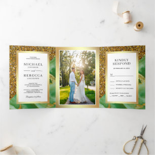 Invitation Trois Volets Mariage photo Gold Parties scintillant Mint Green