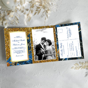 Invitation Trois Volets Mariage photo Gold Parties scintillant Royal Blue 