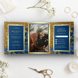 Invitation Trois Volets Mariage photo Gold Parties scintillant Royal Blue 