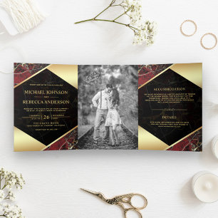 Invitation Trois Volets Mariage Photo Marbre Rouge Bourgogne Géométrique O