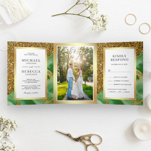 Invitation Trois Volets Mariage Photo Marbre Vert Menthe Paillettes Dorées