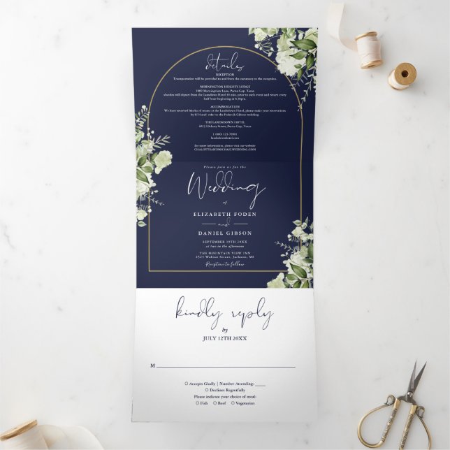 Invitation Trois Volets Mariage photo Marine Blue Greenery Gold Arch (Intérieur)