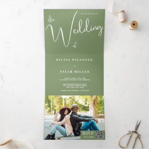 Invitation Trois Volets Mariage photo minimaliste QR Code Sage