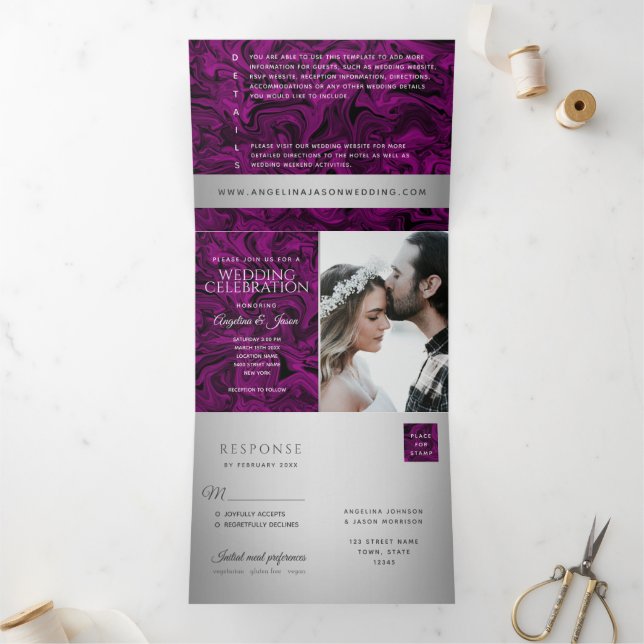 Invitation Trois Volets Mariage photo moderne violet et argent (Intérieur)